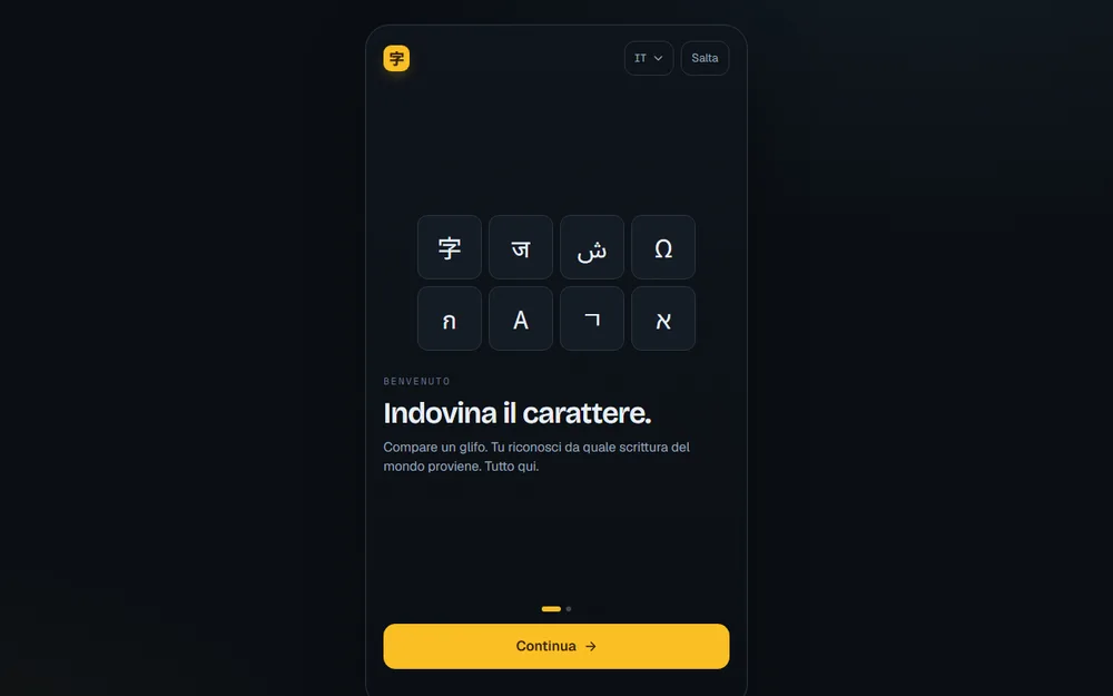 Schermata della web app Guess the Char: griglia di caratteri di diverse scritture del mondo.