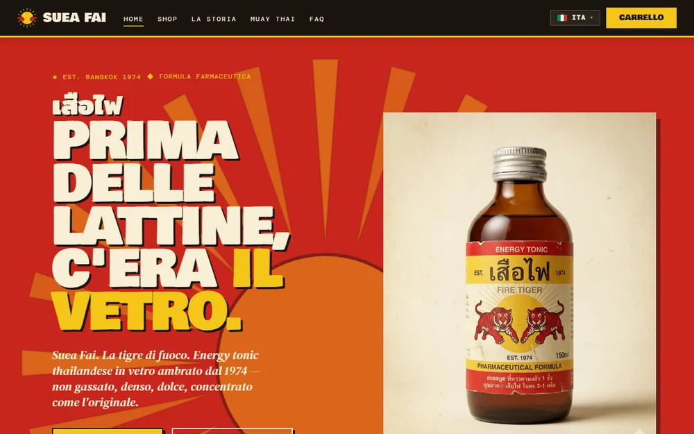 Schermata dell'e-commerce Suea Fai: hero rosso con la bottiglia del tonico energetico in vetro.